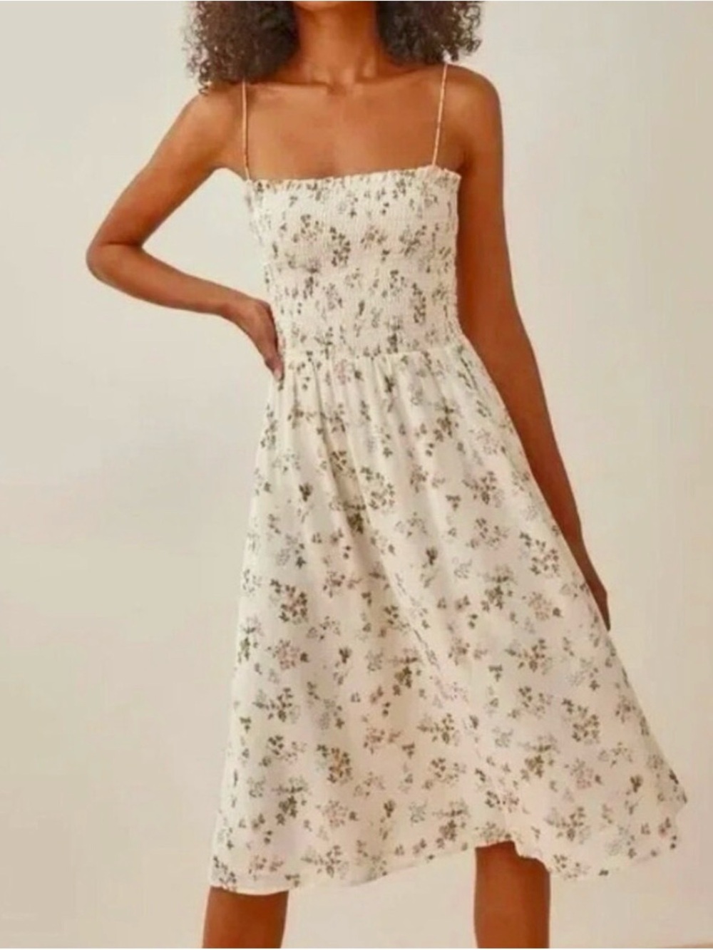Reformation Cream Floral Smocked Midi Dress
